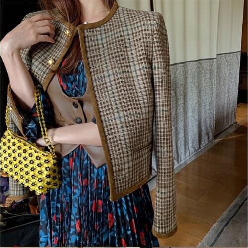 Retro Caramel Houndstooth Checker Wool Tweed Formal Jacket Embossed Golden Single Breasted Suede Tailored Cropped Boxy Blazer