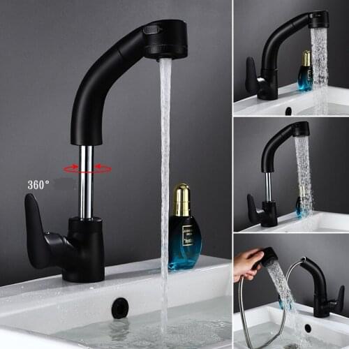 Bathroom Basin Faucets Black Single Vessel Hot Cold Tap Height Adjustable Pull-Out Sink Tap Wash Basin Mixer Tap Bathroom Taps