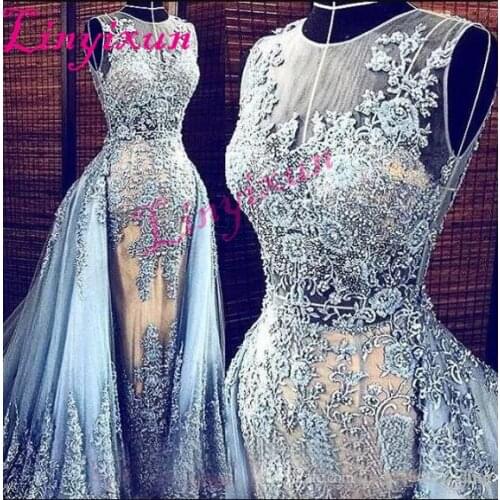 Light Blue New Evening dresses 2020 Detachable Sweep Train Transparent Formal Dresses Party Pageant Gowns Long Prom Dresses