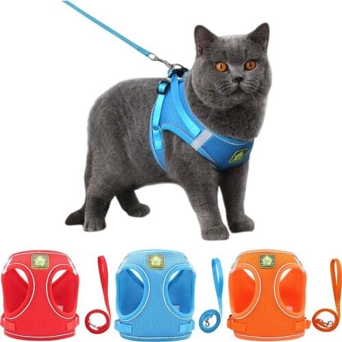 Reflective Cat Harness Vest with Walking Lead Leash Nylon Mesh Adjustable Collar Pets Accessories for Cat Harness and Leash Set