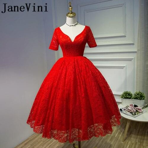 JaneVini Vintage Lace Long Evening Dresses With Sleeves Ball Gown V Neck Tea-Length Red Formal Gowns Mother of the Bride Dresses