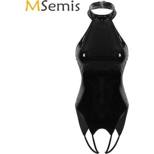 Women Erotic Open Crotch Latex Catsuit Hot Halter High Cut Body Suit Nightclub Backless Crotchless Wet Look PVC Leather Bodysuit