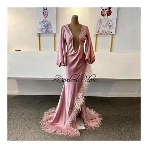 High Fashion Blush Pink Ruffles Soft Satin Dress Robe Sexy Split Feather Puff Full Sleeves Women Dresses To Party Shower Gowns