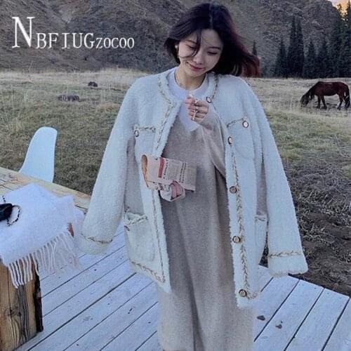 Small Fragrance Style Imitation Lambswool Women Coat Round Neck Female Jacket