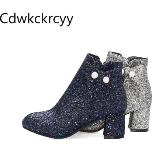 Winter The New fashion Thick heel Martin boots Rhinestone Sequin Bow Plus velvet Keep warm High heel Women boots size 34-45