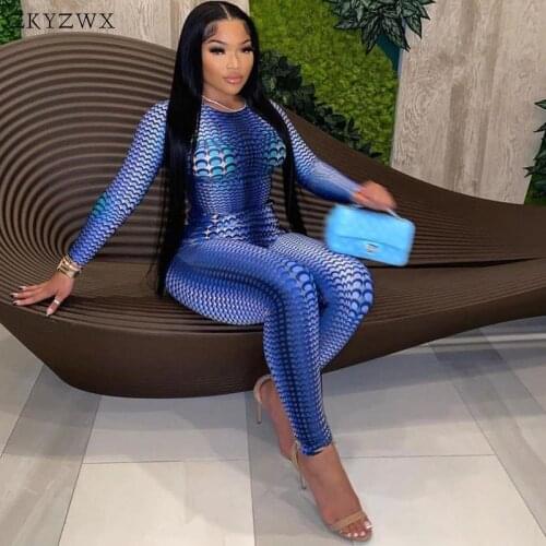 ZKYZWX Fashion Print Long Sleeve Jumpsuit Women Fall Clothing 2021 Sport Active Wear One Piece Outfit Elegance Bodycon Rompers