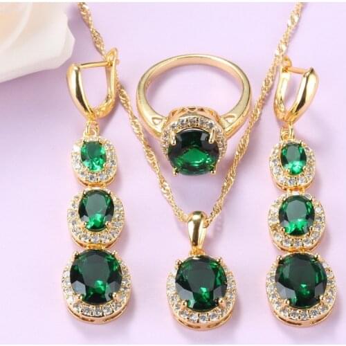 Gold-Color Nigerian Wedding Jewelry Set For Women Bridal Accessories Green Cubic Zirconia Necklace And Earrings Ring 3-Piece Set