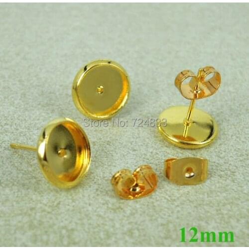 10pcs New Gold Color Plated Stud Earring Base 12mm Glass Cameo Cabochon Bezel Settings DIY Post Pin Earrings Findings