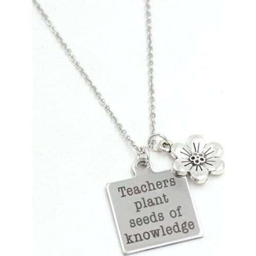 10PCS Wholesale Teachers Gifts Stainless Steel Chain Teacher Charms Necklace Engraved Teachers Plant Seeds of Knowledge Necklace