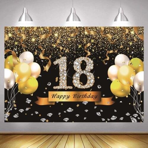 18th Photo Backdrop Black Gold Boys Girls Happy Birthday Party Balloon Champagne Decoration Photography Backgrounds Banner