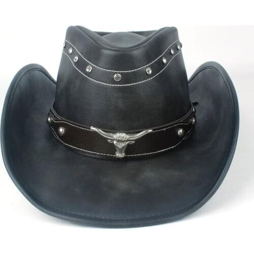 2019 Unisex Men Women Leather Western Cowboy Hat Winter Outdoor Travel Outblack Jazz Sombrero Cowgirl Cap Size 58-59CM Black
