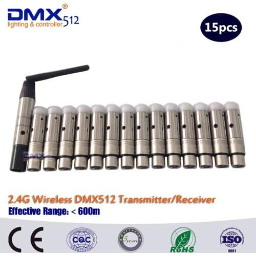 Promotions! DHL Free Shipping 15PCS /lot 1pcs send and 14pcs receiver 2.4G wireless dmx512 controller led lighting control