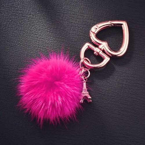 Cute Pompom Car Keychian For Women Men Heart Shaped Key Ring Holder Fake Rabbit Fur Ball Metal Key Chains Jewelry Gift
