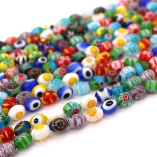 New Arrival 6x8mm Random Mixed Color Oval Round Shape Thousands Flower Lampwork Beads 50pcs/lot For Jewelry Bracelets DIY Making