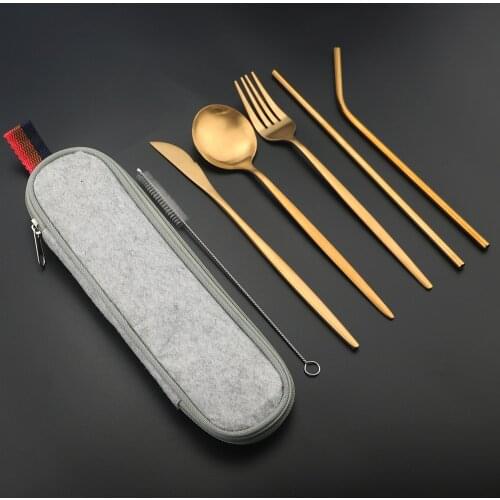 Travel Rose Gold Dinnerware Set with Reusable Metal Straw Cutlery 18/10 Stainless Steel Spoon Fork Silverware Portable Pouch