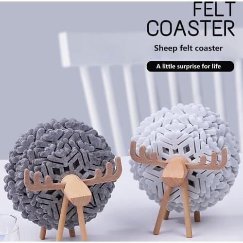 1Set Felt Heat Insulation Pad with Wood Elk Storage Rack Sheep Elk Non-slip Absorbent Water-insulating Tea Ceremony Felt Coaster