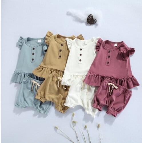 New Summer Baby Girls Clothing Cute Baby Flying Sleeve T-shirt+Ruffle Shorts Elastic Waist Solid Color Casual Toddler Infant Set