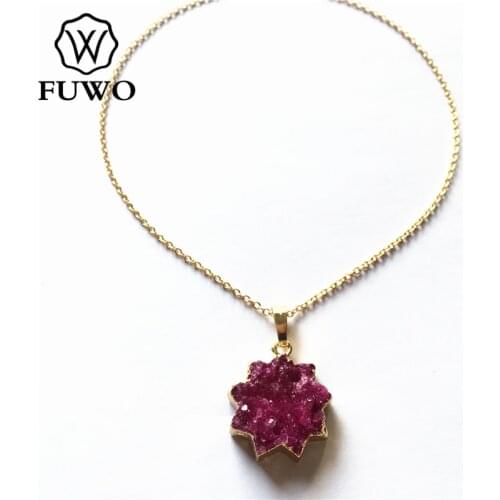 FUWO Fashion Purple Druzy Geode Slice Necklace With 24K Gold Filled Brass Chain High Quality Anti-fading Bohemia Jewelry NC064