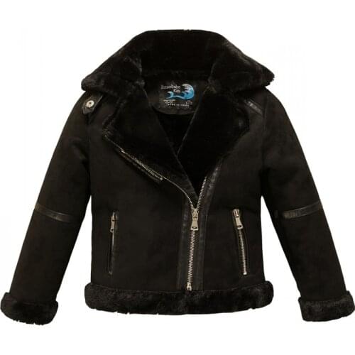 Fur turn down collar boys girls suede leather jacket winter fleece thermal kids coat wind proof childrens clothing