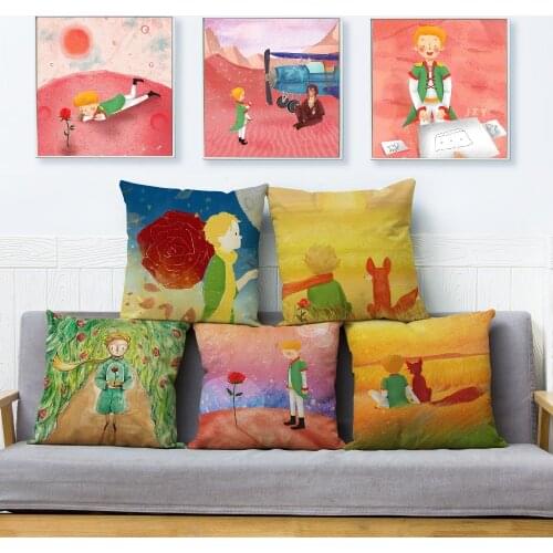 Cute Moon Fox Little Prince Print Cushion Cover 45*45 Square Pillow Covers Beige Linen Pillows Cases Sofa Home Decor Pillowcase