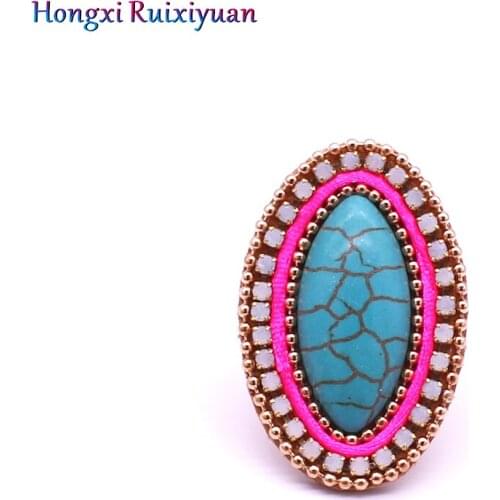 Fashion ring bohemian style handmade blue and white brown rhinestone ladies ring stone rhinestone leather finger ring jewelry