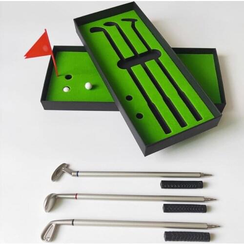 Golf Clubs Aluminum Alloy Ballpoint Pen Set Mini Desktop Creative Golf Fans Souvenir Christmas Birthday Gift with Flag Balls