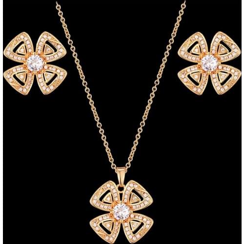 Vankeliif Simple pendant and Earring women jewelry set plant four leaf flower all zirconium micro Inlay Necklace popular jewelry
