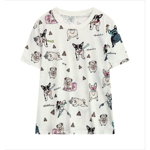 2017 New Arrivals Japanese Harajuku Pug Digital Print Loose women Streetwear Middle Short Sleeve O-neck Sweet girls T-Shirt