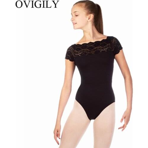 OVIGILY Childrens Lace Short Sleeve Ballet Dance Leotards For Kids Nylon Black Gymnastics Leotard For Girls Competition Top Wear