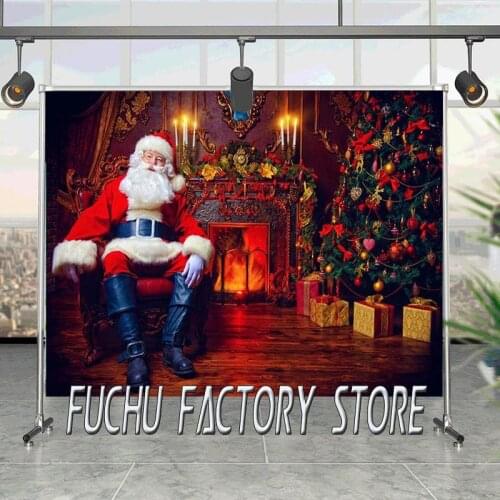 Christmas Backdrops For Photography Santa Claus Sitting In A Chair Fireplace Tree Gift Backgrounds Customized Photocall Vinyl