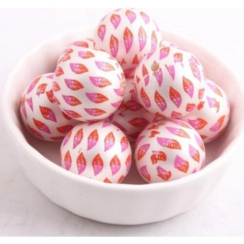 Christmas fashion round 20mm 100pcs/lot acrylic chunky Imitation pearl beads print Leaf for kids necklaces Making