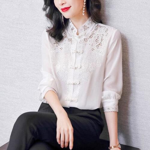 Imitation silk shirt womens long-sleeved Chinese embroidery small shirt 2021 new fashion Hangzhou imitation silk blouse