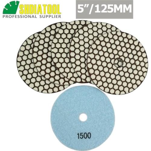 SHDIATOOL 6pcs Dia 125mm/5" grit #1500 B Diamond Dry Polishing Pads Resin Bond Flexible Sanding Disc For Granite Marble Ceramic
