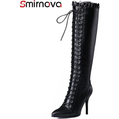 Smirnova SZIE 34-40 2018 HOT fashion genuine leather+quality PU knee high boots women pointed toe thin high heels casual boots