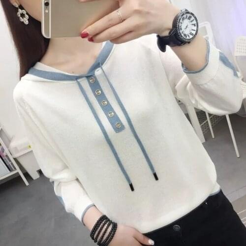 Long Sleeve Knitted Sweater Women Autumn Fashion Pullover Hooded Contrast Knitwear Pull Femme Women Sweaters Knit Tops LU2118