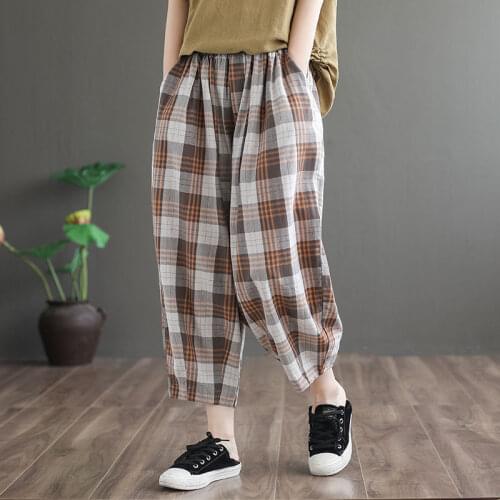 Spring Summer New Arts Style Women Elastic Waist Loose Calf-length Pants All-matched Casual Cotton Linen Plaid Harem Pants M520