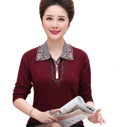 Womens Cashmere Sweater Autumn Winter Middle-aged Mothers Bottoming Shirt Large Size Lapel Long Sleeved Jumper Plus Size 5XL