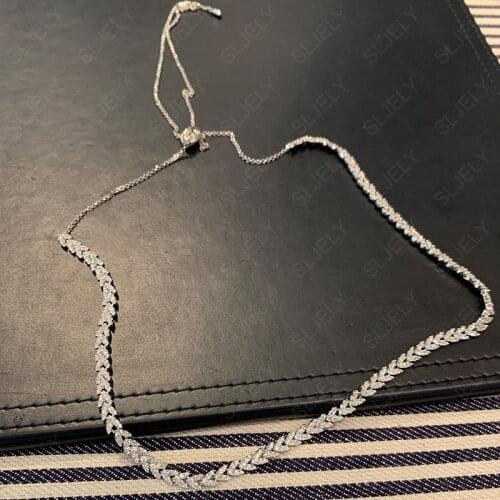 SLJELY Luxury Couture 925 Sterling Silver White Zircon Wheat Ears Heart Shaped Chain Necklace Adjusteble Women Fashion Jewelry