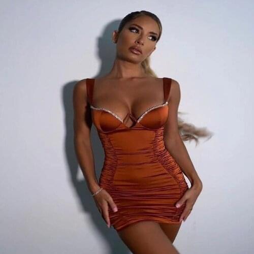 New Sling Slim Stitching Sexy Temperament Solid Color Female Side Pleated Breast Cup Diamond Summer Women Dress Vfemage Vestido