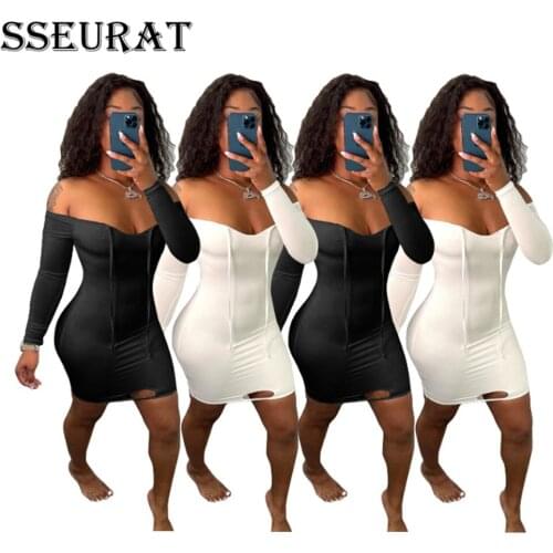 SSEURAT Women Long Sleeve Off Shoulder Solid Slim Mini Dress Sexy Fashion Summer Outfis 2021