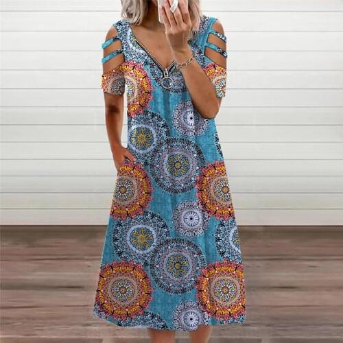 Women V-Neck Zipper Party Dress Summer Casual Short Sleeve Floral Dresses Elegant Female Hollow Out Loose Dress Vestidos