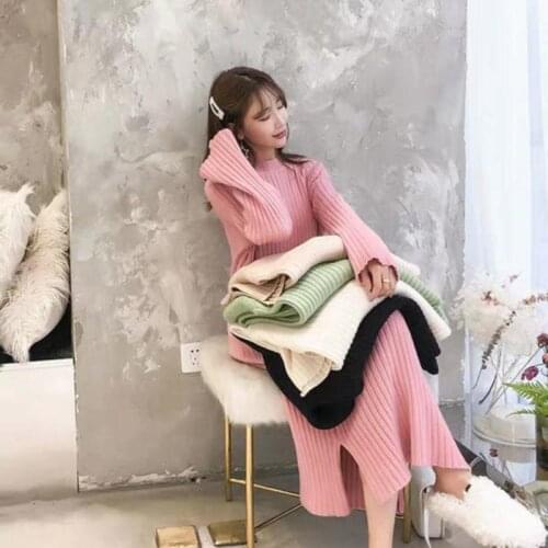 Pink Black Jumper Vestido Midi Autumn Thick Dresses Winter Casual Warm Solid Sweater Dress Women Knitted Woman Korean 2021 Robe