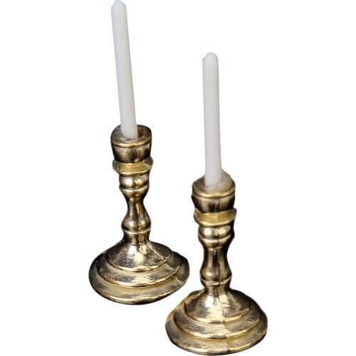 1:12 Dollhouse Accessories Doll house Furniture Desk Decor 1 Pair Miniature Metal Candle Holder Stand With Candles Golden Color
