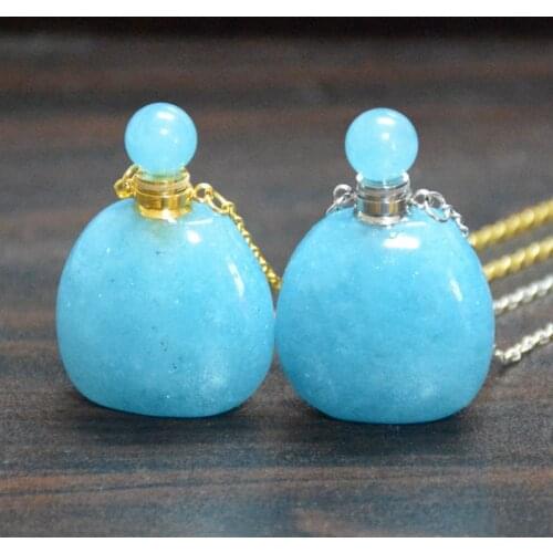 Aquamarines Gems stone Pendant Necklace gold or silver plated polished Essential Oil Bottle December Birthstone Gifts