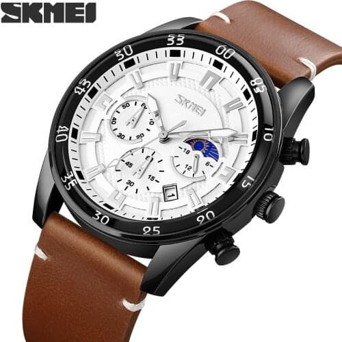 SKMEI New Brown Leather Mens Watch Top Brand Fashion Waterproof Watch For Men Sport Date Quartz Wirstwatch Relogio Masculino