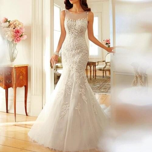 Designer Scoop Lace Applique Sheer Back White Tulle Mermaid Wedding Dresses Bride Dress Bridal Gown Robe De Soiree Vestidos 2015