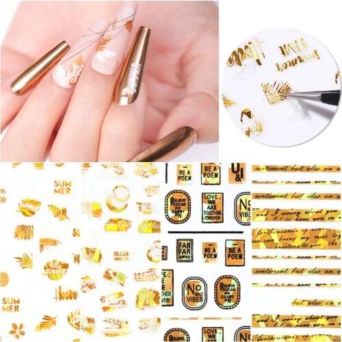 Holographic Gold Letters Nail Decals Stickers 3D Stripe Nail Art Sliders Adhesive Foils all for Manicure Decorations