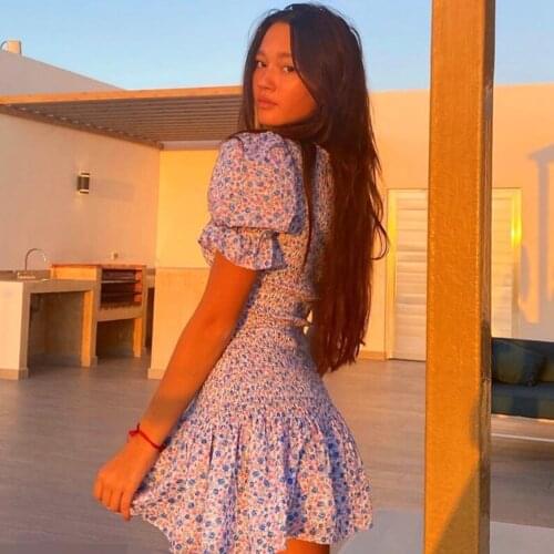 Jastie 2021 Summer Womens Dress O-Neck Puff Sleeves Short Sleeve Floral Print Mini Dresses Bohemian Beach Party Casual Dress