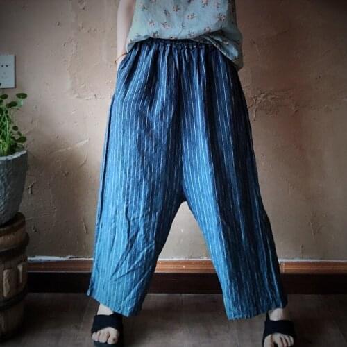 Johnature 2021 Autumn New Striped Pants Linen Elastic Mid Waist Loose Vintage Ankle-Length Linen Casual Women Wide Leg Pants