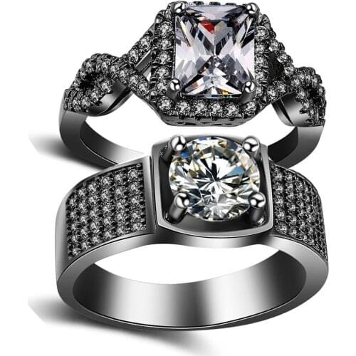 Cool Sparkling Couple Rings Fashion Jewelry 2018 Top Selling 10KT Black Gold Filled Princess Women Men Wedding Band Ring CZ Gift